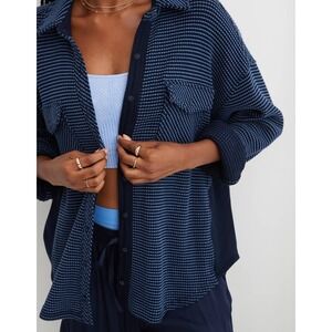 Aerie Lumberjane Waffle Button Down Shirt Blue Textured Oversized Size L